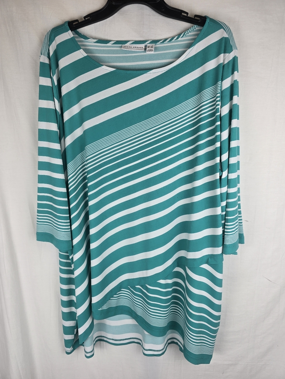 Susan Gravier Striped Teal & White Tunic Top Sz 3XL